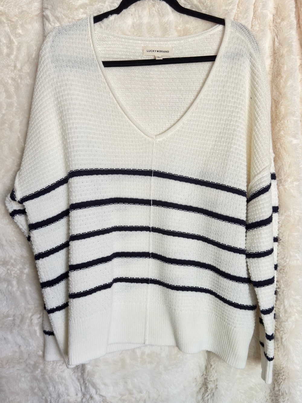 Lucky Brand Cream V-Neck Sweater with Black Stripes